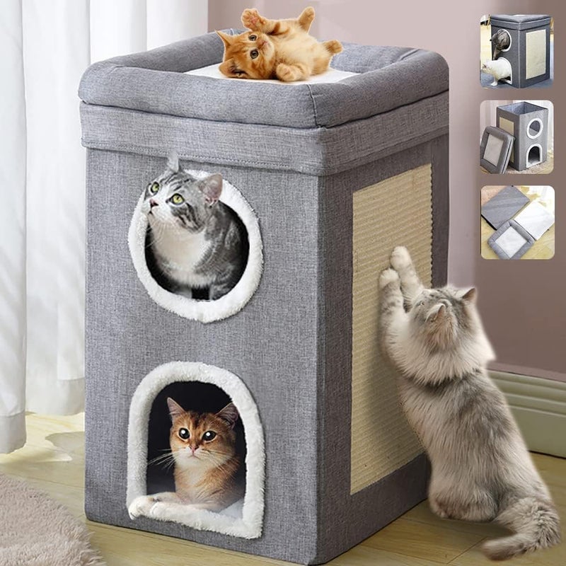 gluckluz Cat House 2-in-1 Large Kitten Cave Foldable Pet Bed with Balcony Cube Cat Scratching Pad Collapsible Kitty Hideaway Playground Sleeping Cot Condo Tunnel Baby Cat Stool Play Center(40*40*64cm) - Image 1