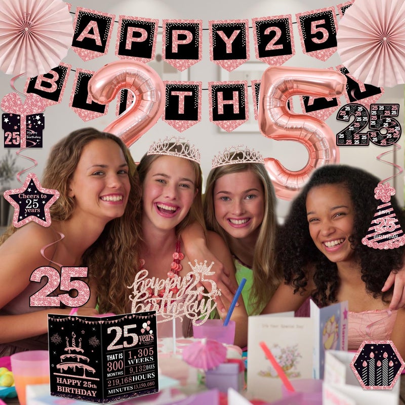 Juesly 25th Birthday Decorations for Girls Women,32PCS 25th Birthday Party Decorations,Including Backdrop, Crown, Sash, banner, Hanging Swirl,balloons,Cake Topper,Paper Fans and Anniversary Card - Image 5