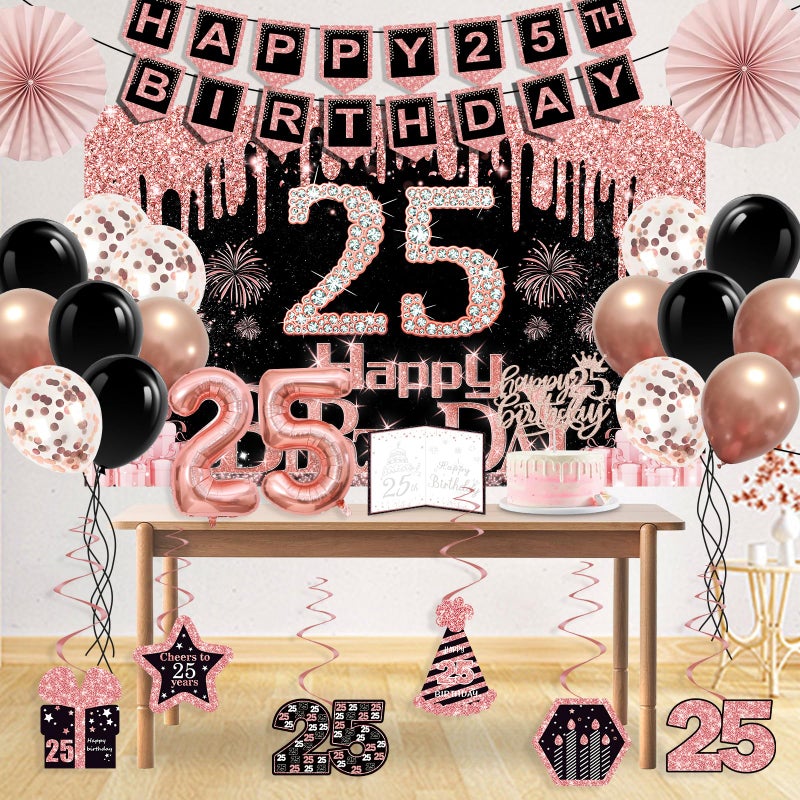 Juesly 25th Birthday Decorations for Girls Women,32PCS 25th Birthday Party Decorations,Including Backdrop, Crown, Sash, banner, Hanging Swirl,balloons,Cake Topper,Paper Fans and Anniversary Card - Image 4