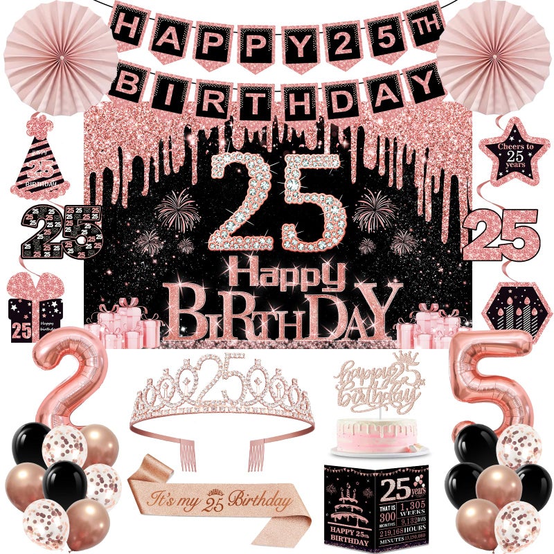 Juesly 25th Birthday Decorations for Girls Women,32PCS 25th Birthday Party Decorations,Including Backdrop, Crown, Sash, banner, Hanging Swirl,balloons,Cake Topper,Paper Fans and Anniversary Card - Image 1