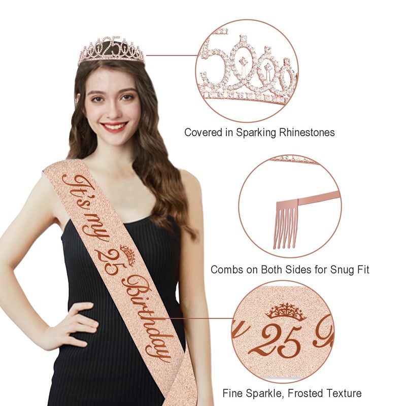 Juesly 25th Birthday Decorations for Girls Women,32PCS 25th Birthday Party Decorations,Including Backdrop, Crown, Sash, banner, Hanging Swirl,balloons,Cake Topper,Paper Fans and Anniversary Card - Image 3