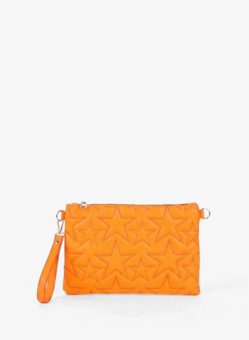 Women's Neon Orange Star Embroidered Faux Leather Wristlet and Chain Strap Portfolio Hand and Clutch Bag.