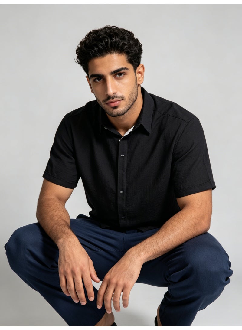 زارا ZARA Men’s Black Textured Short Sleeve Button Down Casual Shirt - Image 2