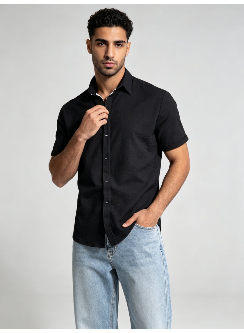 زارا ZARA Men’s Black Textured Short Sleeve Button Down Casual Shirt - Image 4