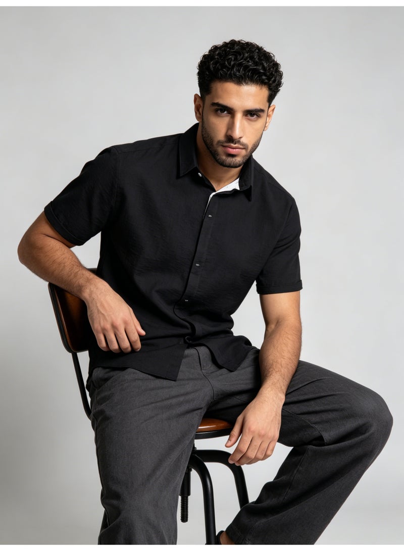 زارا ZARA Men’s Black Textured Short Sleeve Button Down Casual Shirt - Image 3