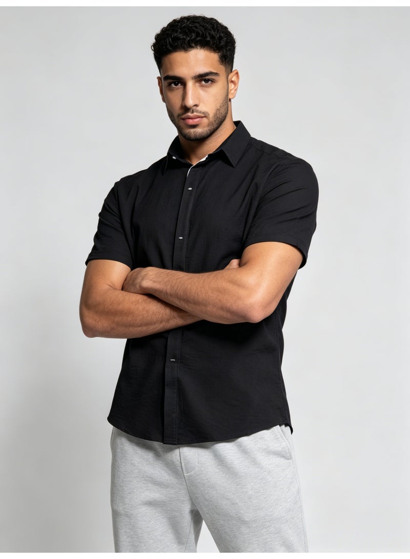 زارا ZARA Men’s Black Textured Short Sleeve Button Down Casual Shirt - Image 1
