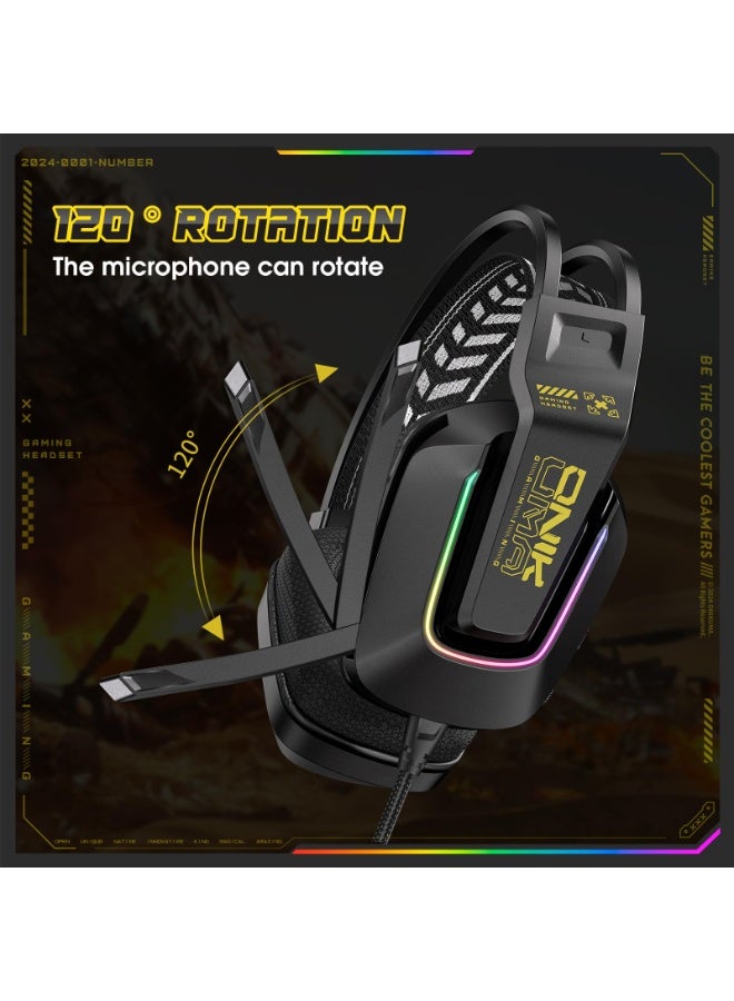 onikuma Wired Gaming Headset with RGB Lighting, 50mm Drivers, Noise-Cancelling Mic, USB & 3.5mm Jack, Over-Ear PC Headphones for PS5, PS4, Xbox, Laptop, Phone – Comfortable Fit, Surround Sound (Wired-Black) - Image 4