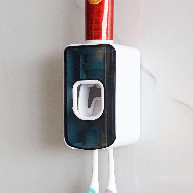 2 Slot Toothbrush Holder and Toothpaste Dispenser Wall Mounted Automatic Toothpaste Squeezer 2 in 1 Tooth Brush Toothpaste Organizer for Shower Blue