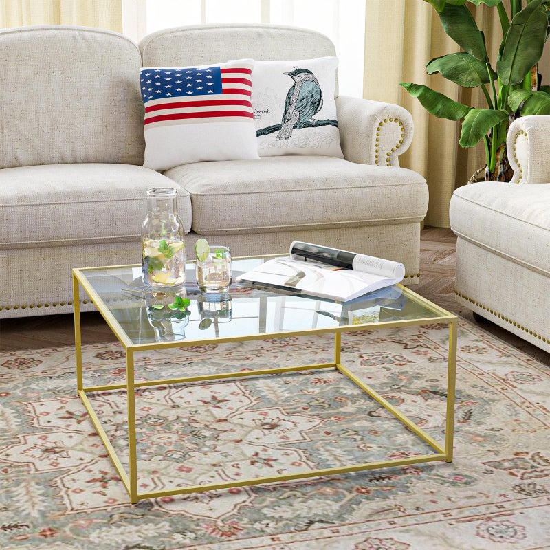 Easy Paws Glass Coffee Table Modern Center Table,Minimalist Coffee Table Sofa Side Tea Table for Living Room,Tempered Glass-top with Sturdy Metal Frame, Easy Assembly,26.4 x 26.4 x 15.7 Inches, Gold - Image 2