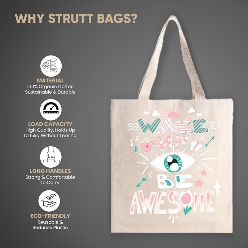 STRUTT Foldable Canvas Tote Bag for Women, Tote Bag for College Girls,100% Organic Cotton Reusable Shopping Bag for Grocery, Eco-Friendly Multi-Purpose Bag for Travel & Daily Use - Awesome - Image 2