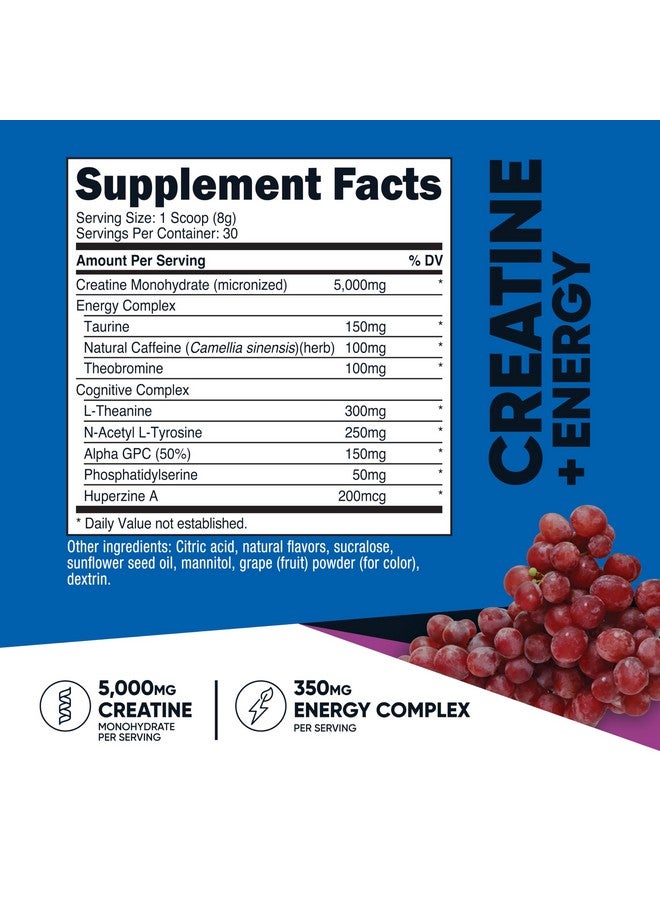 Nutricost Creatine + Energy 30 Servings (Grape Flavored) - 5,000mg Creatine Monohydrate + 350mg Energy Complex Per Serving - Image 2