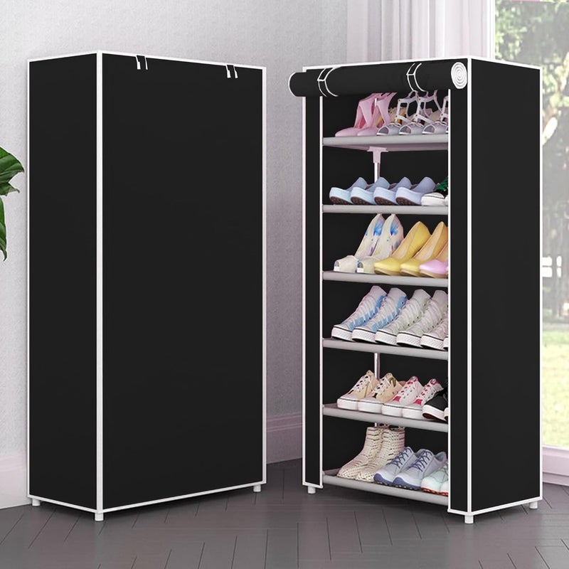 Jaffix Shoe Rack Stand for Home Multipurpose Storage Organizer Lightweight with Iron Pipes Dust Proof Cover Cotton Printed Shoe Rack Organizer Stand Black 6 Layer