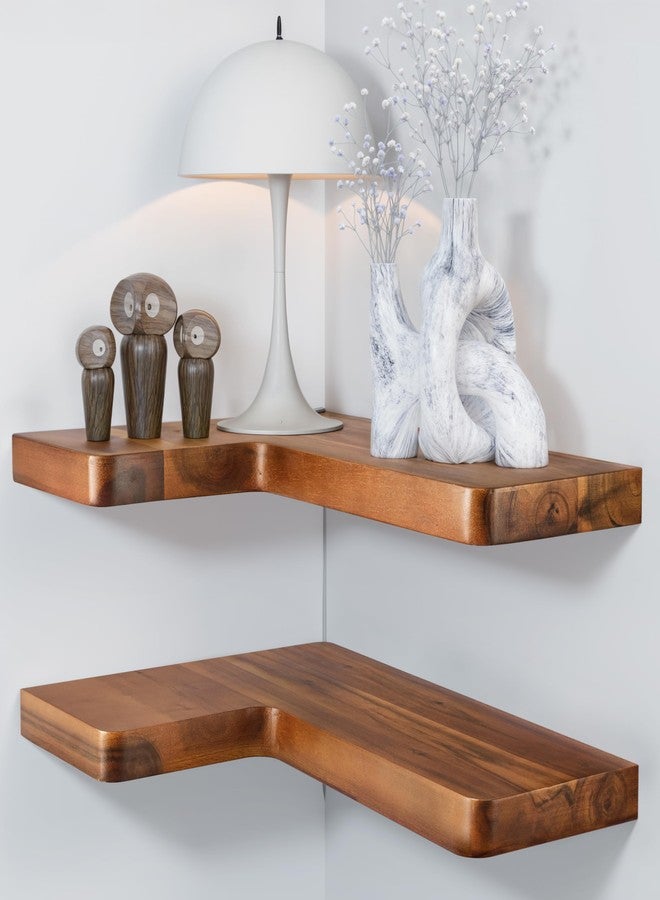 BATODA Acacia Wood Corner Floating Shelves 17" x 12"– Corner Shelf Wall Mounted - Floating Book Shelves for Wall - Brackets and Shelving Hardware Included for Kitchen, Living Room, Bathroom (Set 2) - Image 1