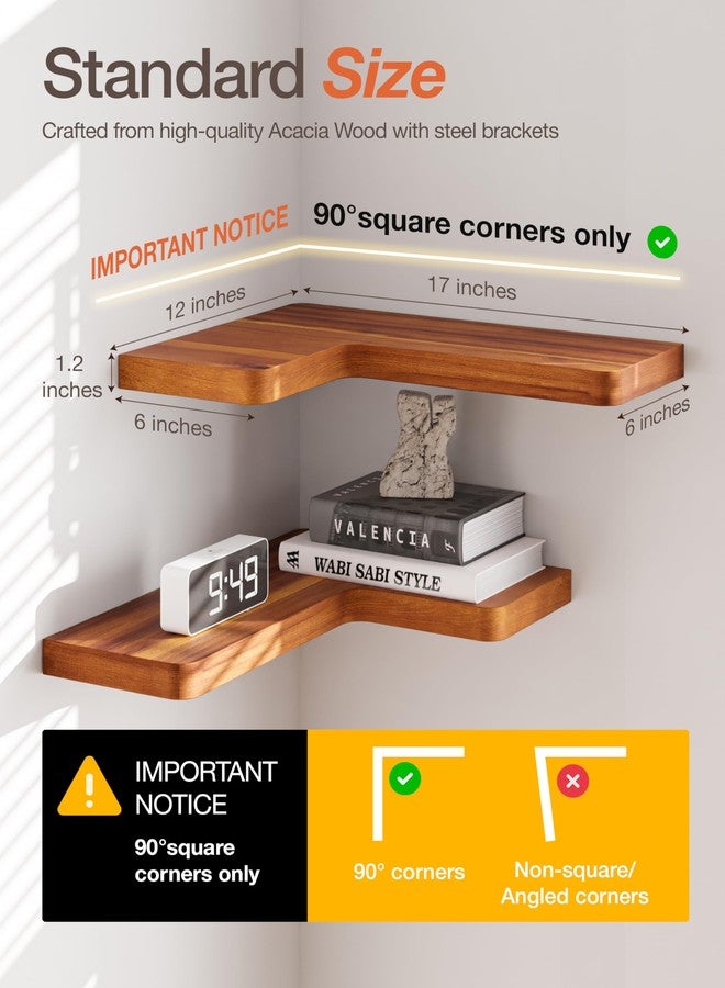 BATODA Acacia Wood Corner Floating Shelves 17" x 12"– Corner Shelf Wall Mounted - Floating Book Shelves for Wall - Brackets and Shelving Hardware Included for Kitchen, Living Room, Bathroom (Set 2) - Image 2