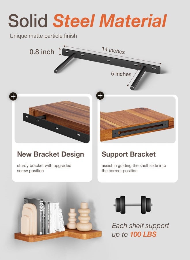 BATODA Acacia Wood Corner Floating Shelves 17" x 12"– Corner Shelf Wall Mounted - Floating Book Shelves for Wall - Brackets and Shelving Hardware Included for Kitchen, Living Room, Bathroom (Set 2) - Image 3