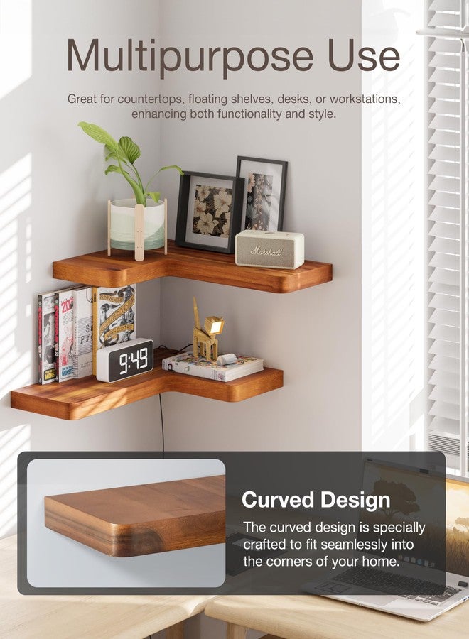 BATODA Acacia Wood Corner Floating Shelves 17" x 12"– Corner Shelf Wall Mounted - Floating Book Shelves for Wall - Brackets and Shelving Hardware Included for Kitchen, Living Room, Bathroom (Set 2) - Image 5