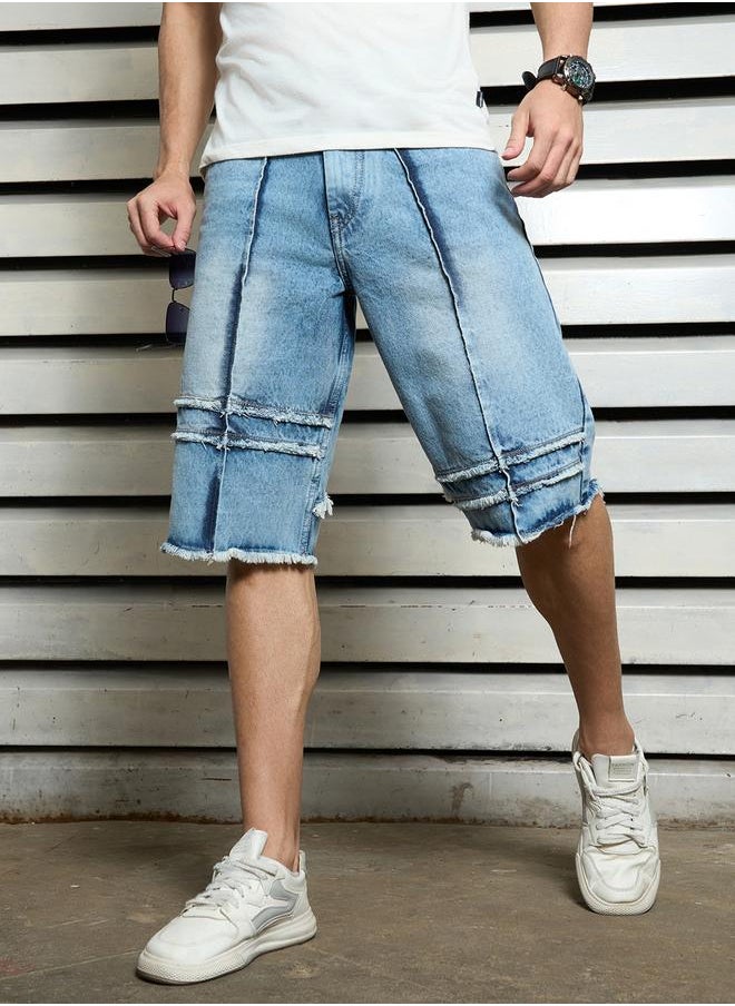 HIGH STAR Men's Indigo 100% Cotton Solid Knee Length Denim Bermuda Relaxed Shorts  - Image 2