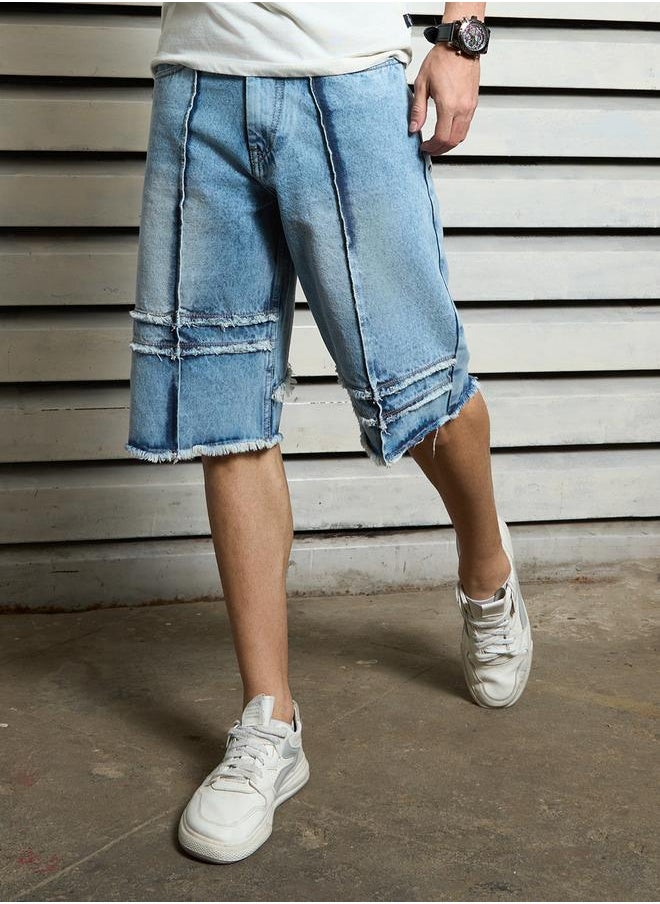 HIGH STAR Men's Indigo 100% Cotton Solid Knee Length Denim Bermuda Relaxed Shorts  - Image 3
