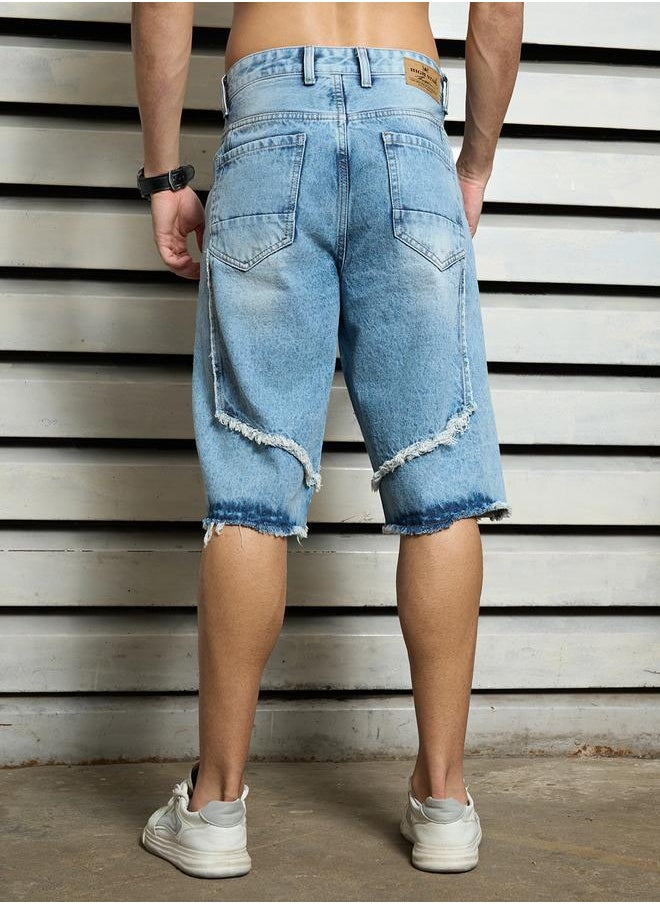 HIGH STAR Men's Indigo 100% Cotton Solid Knee Length Denim Bermuda Relaxed Shorts  - Image 5