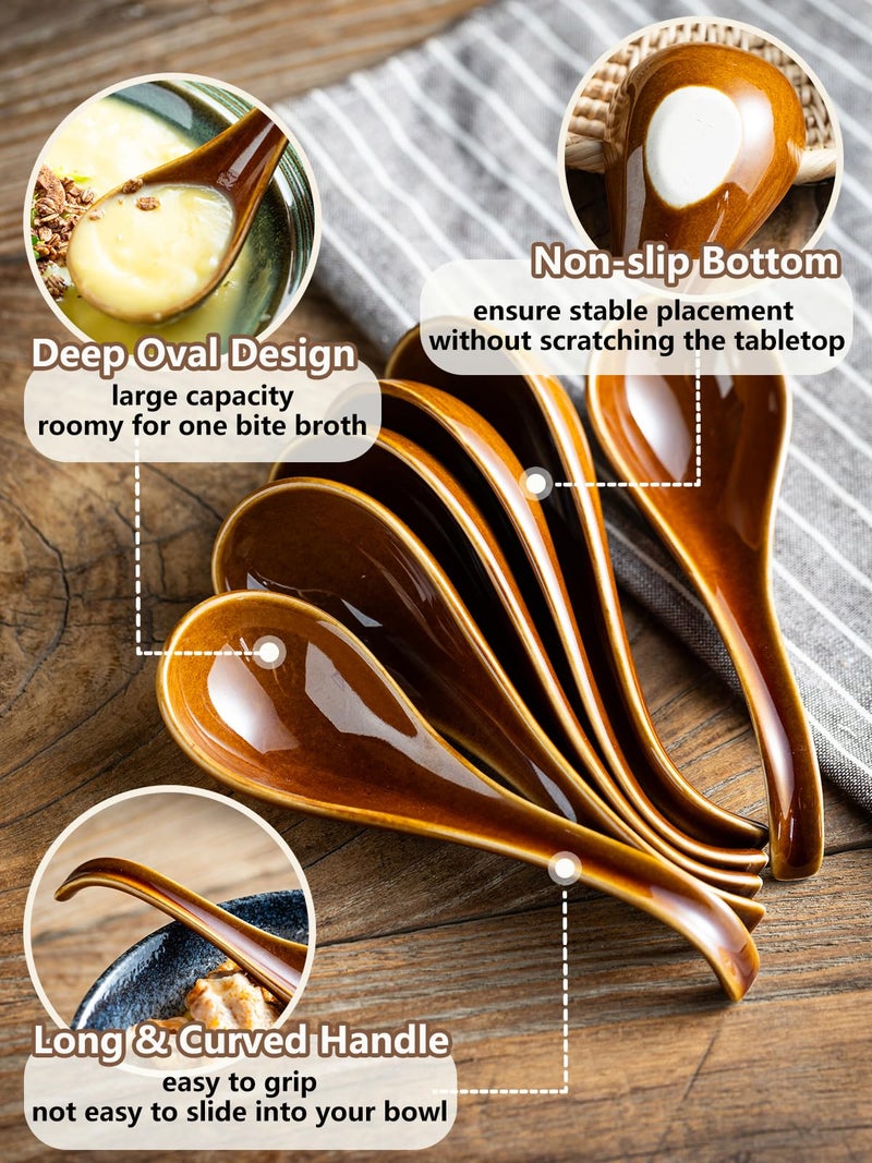 Gomakren Asian Soup Spoons, 6.5 Inch Ceramic Chinese Soup Spoons for Cereal, Ramen, Pho, Miso, Stews, Japanese Kitchen Spoons with Long Handle and Deep Oval Design - Set of 6, Dark Brown - Image 2