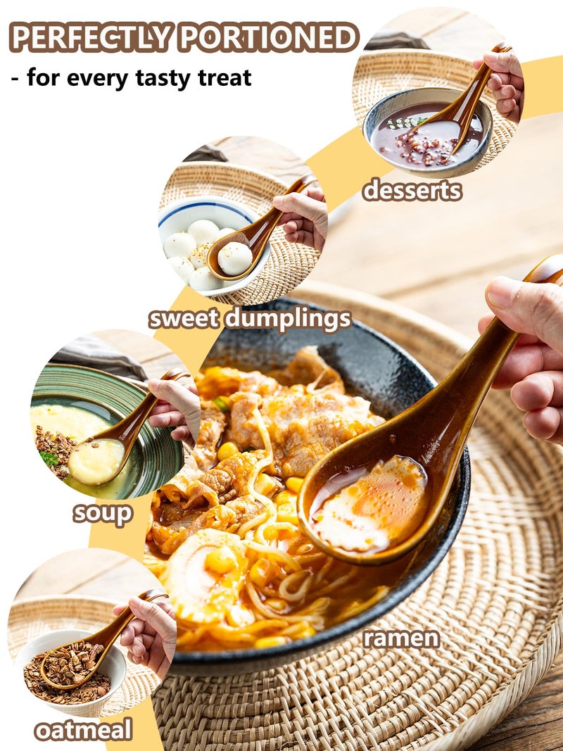 Gomakren Asian Soup Spoons, 6.5 Inch Ceramic Chinese Soup Spoons for Cereal, Ramen, Pho, Miso, Stews, Japanese Kitchen Spoons with Long Handle and Deep Oval Design - Set of 6, Dark Brown - Image 5