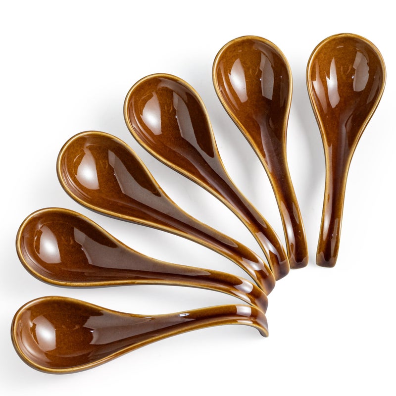Gomakren Asian Soup Spoons, 6.5 Inch Ceramic Chinese Soup Spoons for Cereal, Ramen, Pho, Miso, Stews, Japanese Kitchen Spoons with Long Handle and Deep Oval Design - Set of 6, Dark Brown - Image 1