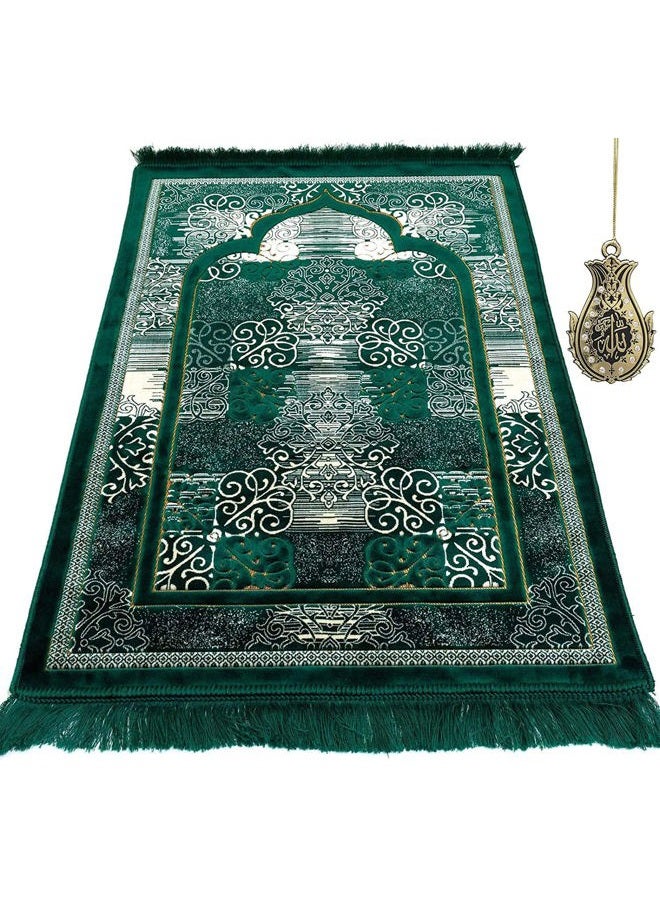 Modefa Turkish Islamic Prayer Rug | Soft Velvet Janamaz Praying Carpet | Muslim Praying Mat for Men & Women Ramadan or Eid | with Car Hanger | Classic Elegant Swirl (Green) - Image 1