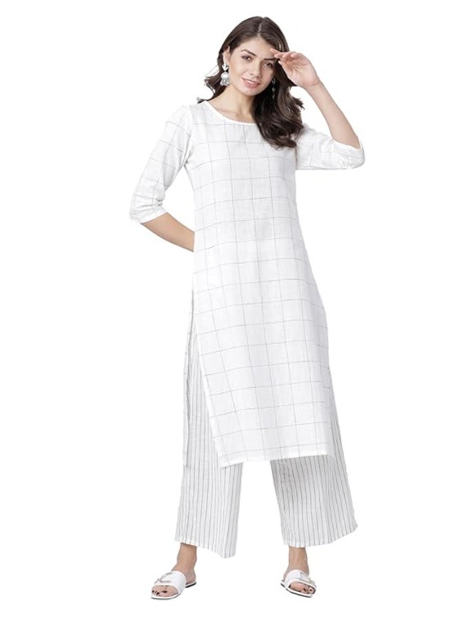 Vishudh Women's Cotton Kurta with Pant Ethnic Set WHITE (M) - Image 1
