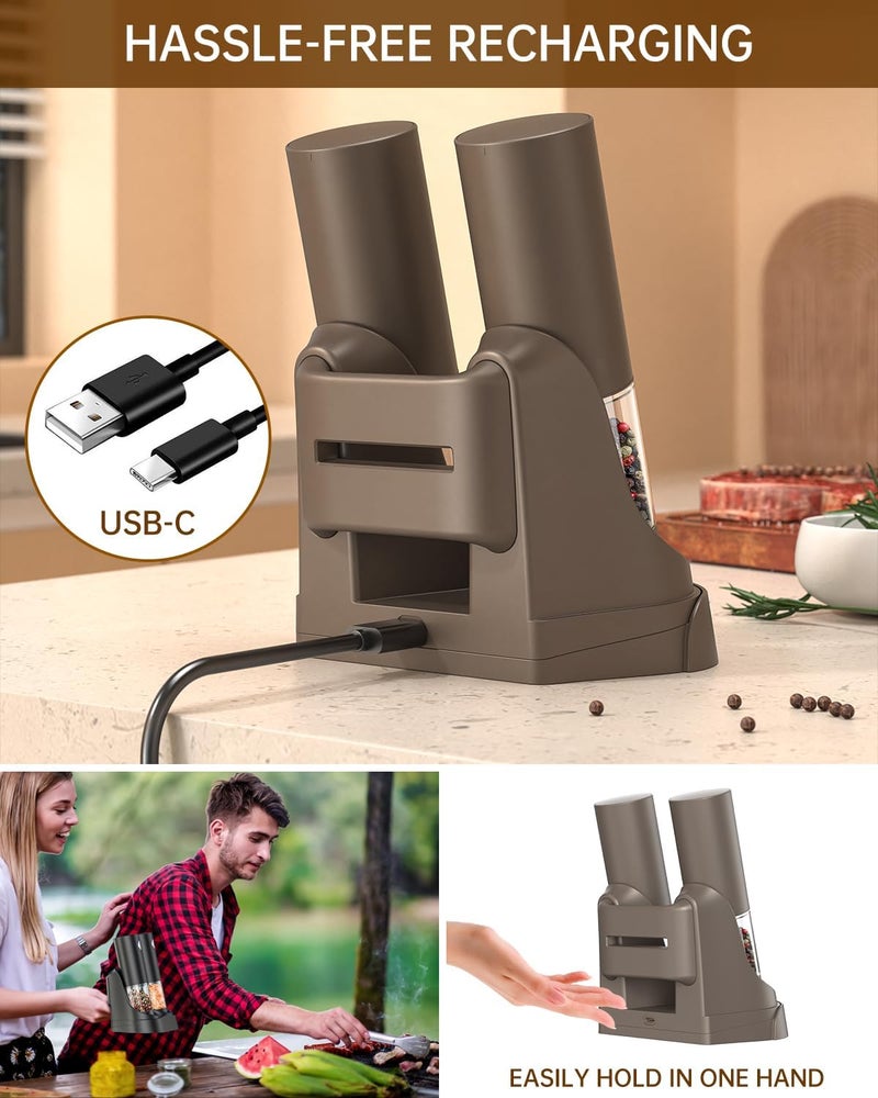 CircleJoy Electric Salt and Pepper Grinder Set Automatic Salt and Pepper Grinder Set with Easy-to-Carry Charging Base and LED Light, USB Rechargeable, Upgrade External Adjustable Coarseness, Green - Image 3
