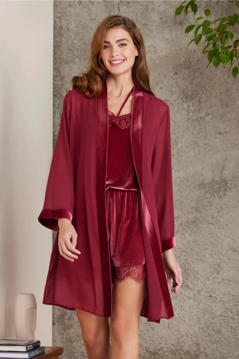 pierre cardin 4800 Women's Lace Velvet Jumpsuit Dressing Gown Set-Burgundy