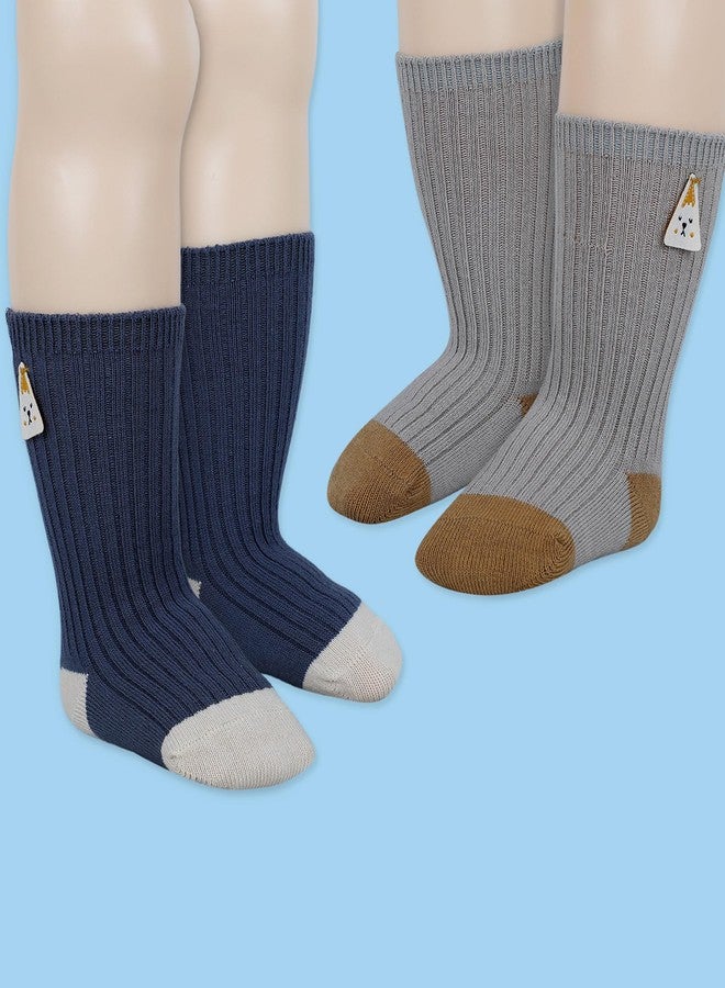 BabyMoo Animal Applique Ribbed Soft Socks Pack of 2 - Blue, Grey - Image 2