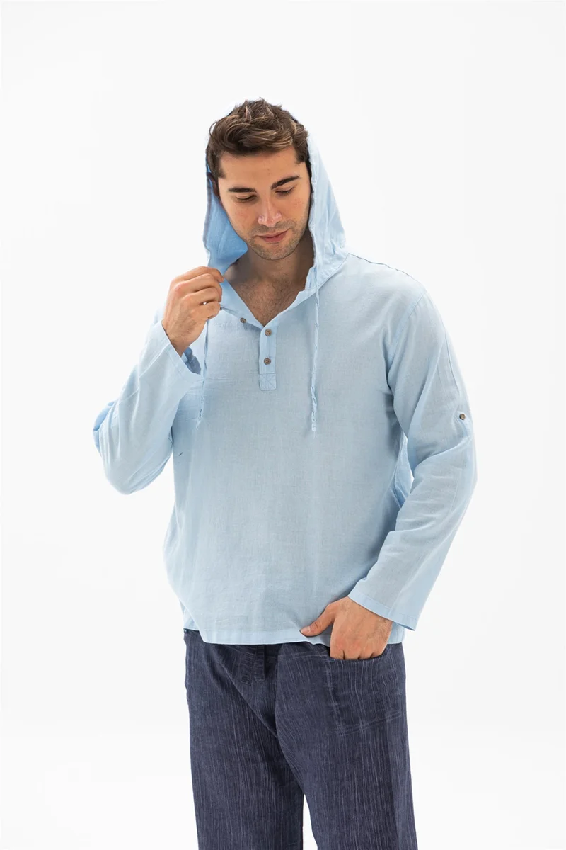 Akbeniz Şile Bezi Çift Cepli Kapüşonlu Erkek Sweatshirt Buz Mavi Bmv