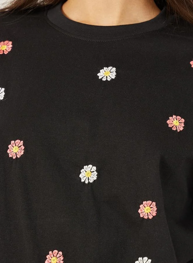 Styli All Over Embroidered Oversized Longline T-Shirt