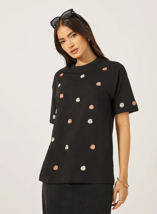 Styli All Over Embroidered Oversized Longline T-Shirt