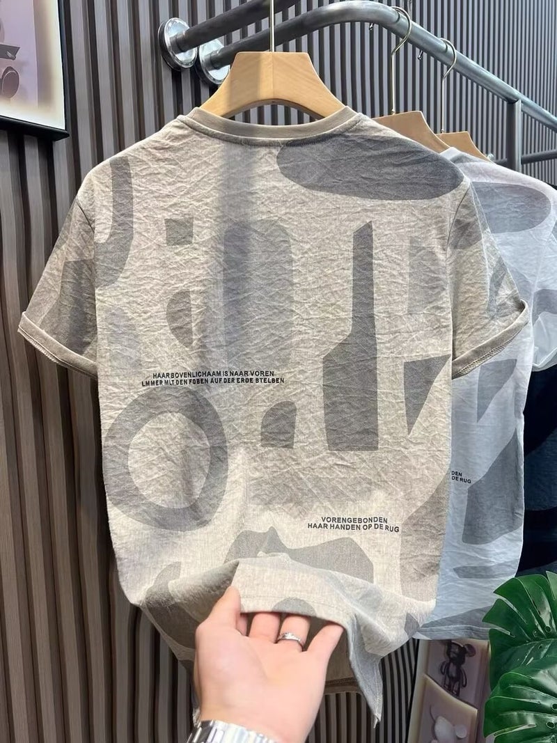 Short-Sleeved T-Shirt Men'S Summer Ultra-Thin Linen Top Korean Alphabet Printed Linen Clothes T-Shirt - Image 5