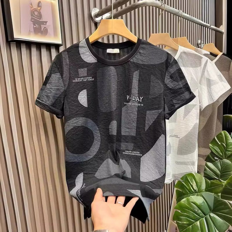 Short-Sleeved T-Shirt Men'S Summer Ultra-Thin Linen Top Korean Alphabet Printed Linen Clothes T-Shirt - Image 1