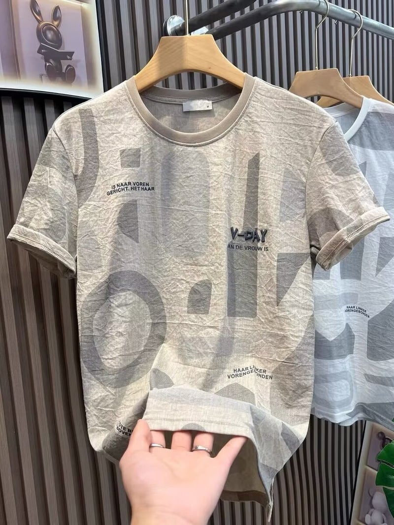 Short-Sleeved T-Shirt Men'S Summer Ultra-Thin Linen Top Korean Alphabet Printed Linen Clothes T-Shirt - Image 2