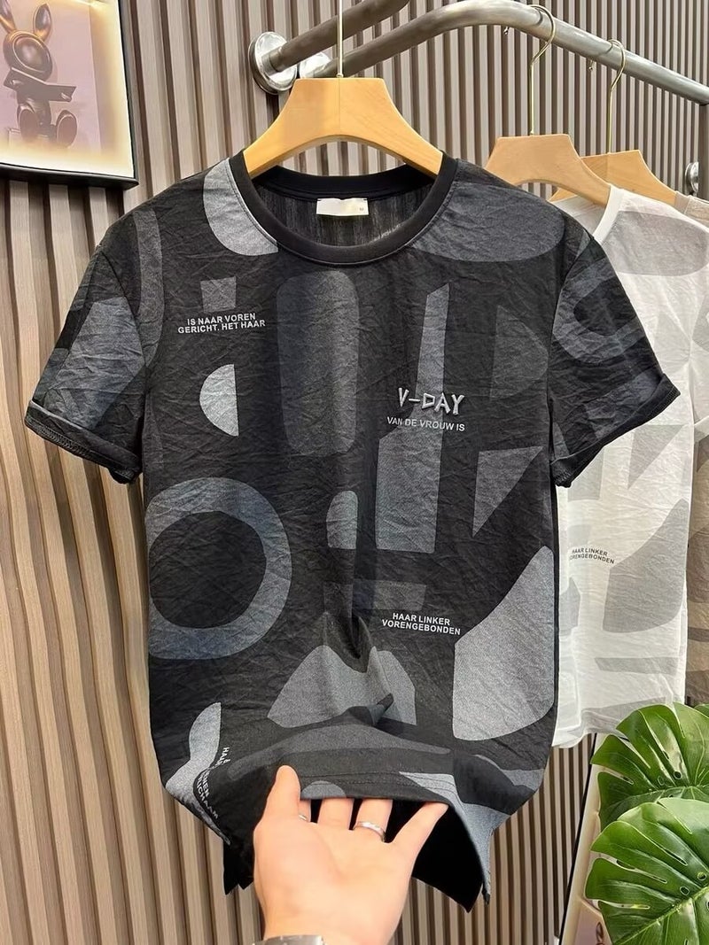 Short-Sleeved T-Shirt Men'S Summer Ultra-Thin Linen Top Korean Alphabet Printed Linen Clothes T-Shirt - Image 4