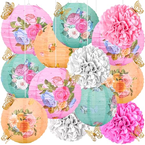 Renbuzhu 33Pcs Tea Party Decorations Paper Lantern Tissue Pom Pom Gold Butterfly Garden Decoration Hanging Decor for Birthday Bridal Shower Wedding - Image 1