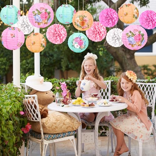 Renbuzhu 33Pcs Tea Party Decorations Paper Lantern Tissue Pom Pom Gold Butterfly Garden Decoration Hanging Decor for Birthday Bridal Shower Wedding - Image 2