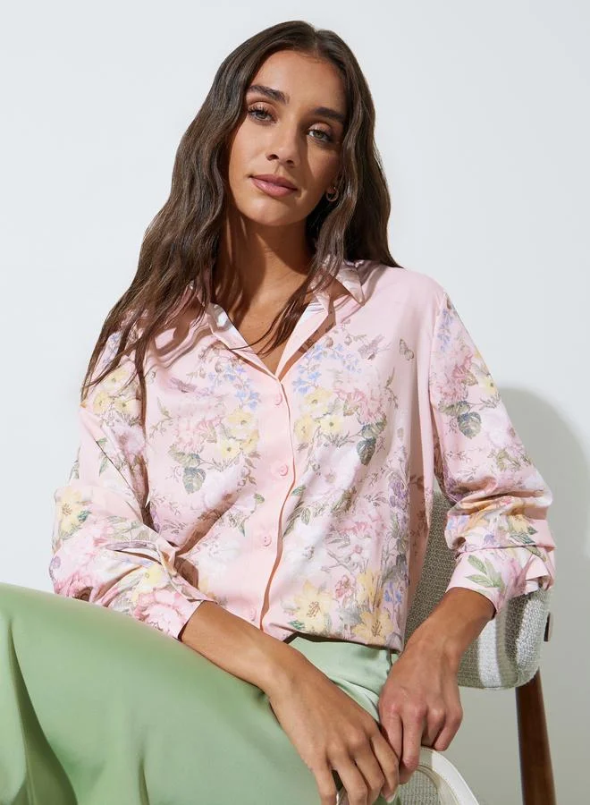 Styli Pink Floral Print Long Sleeves Shirt