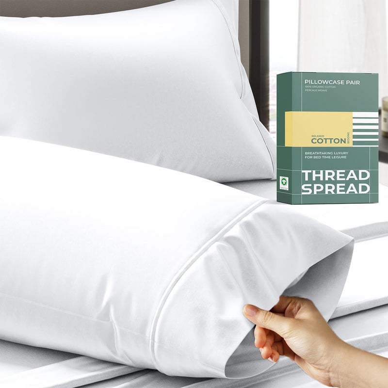 THREAD SPREAD 100% Organic Cotton Pillow Cases Standard Size - Natural Cotton Pillow Cases Queen Size Set of 2 (White), Soft, Cooling, Crisp & Breathable Percale Weave Pillowcase, GOTS Certified - Image 1
