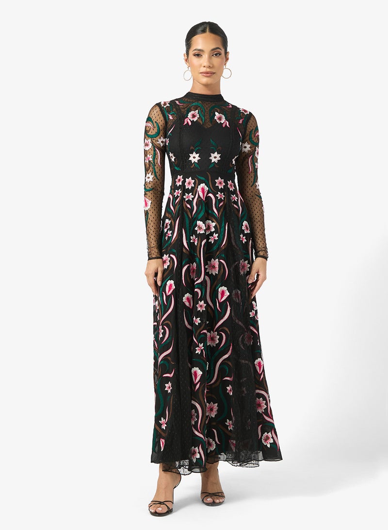 فروك اند فرل فستان ماكسي شبكي مزين بالزهور - Image 1