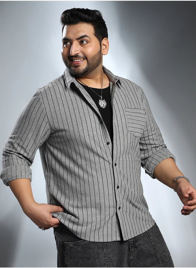 Instafab Plus Instafab Plus Men's Moon Grey Pinstriped Shirt For Casual Wear | Spread Collar | Long Cuffed Sleeves | Button Closure | Plus Size Shirt Crafted With Comfort Fit For Everyday Wear