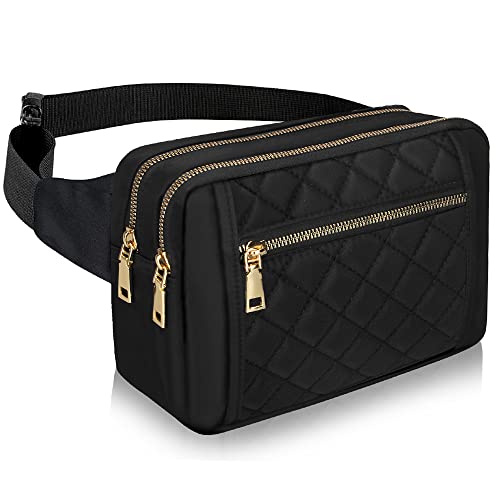 Voikukka Cute Large Black Fanny Packs for Women Cross Body Waist Bag Nylon Fashionable Fanny Pack Designer Workout Hiking Waist Pack Running Travel Gym Pretty Zipper Fashion Quilted Womens Fanny Pack - Image 1