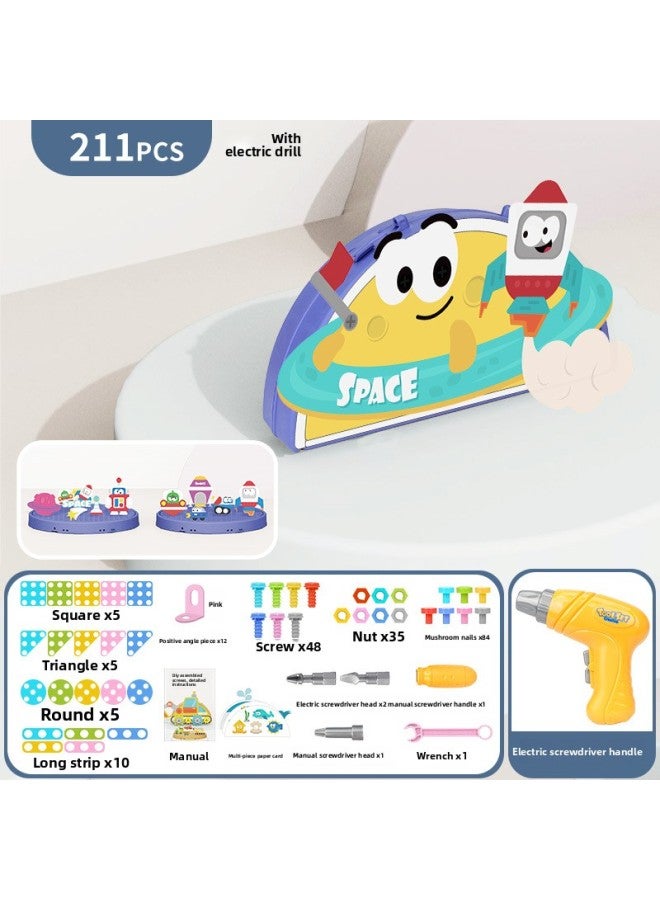 Children's Playhouse Simulation Assembly Nut Disassembly And Assembly Insert Toolbox Electric Drill DIY Puzzle Suitcase Toy-Color:188223Building Screw Box-space 211pcs With Electric Drill  - Image 1
