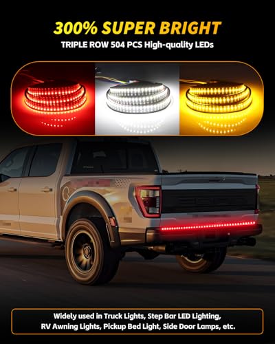 GSOWO Tailgate Light Bar 60 Inch, Triple Row Truck Tail Light Strip for Dodge RAM Fo-rd F150 F250 GMC Silverado, 504 LED Full Function Brake Reverse Turn Signal Hazard Lights No Drill Install, 60 Inch - Image 4
