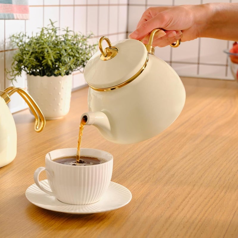 Karaca Retro Teapot Set Cream Enamel TeapotLid 11 lt 24 lb Tea Kettle 23 lt 5 lb Titanium Coated Handles Suitable for Induction - Image 4