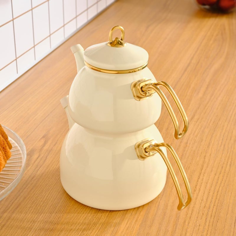 Karaca Retro Teapot Set Cream Enamel TeapotLid 11 lt 24 lb Tea Kettle 23 lt 5 lb Titanium Coated Handles Suitable for Induction - Image 5