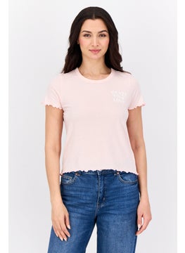Aerie Women Round Neck Short Sleeve Graphic Print Top, Light Pink  - Image 1